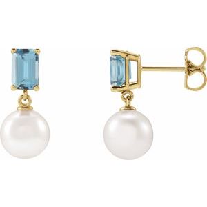 Cultured Pearl & Natural Aquamarine Earrings - Emerald Cut