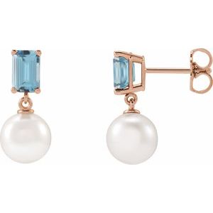 Cultured Pearl & Natural Aquamarine Earrings - Emerald Cut