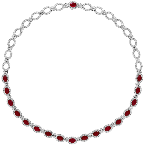 A silver-toned oval-link necklace featuring a single prominent oval red gemstone at the top and multiple smaller matching red oval stones spaced along the lower curve, set against a plain white background.