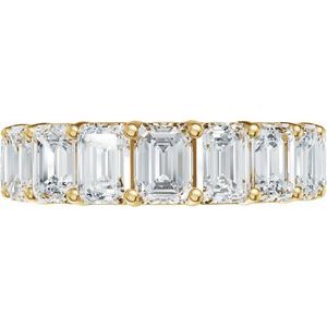 Emerald cut lab-grown diamond eternity band in yellow gold.