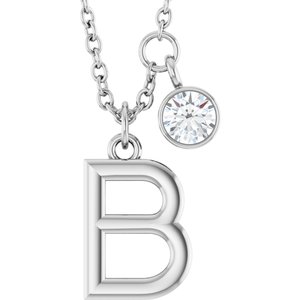 Silver initial B pendant necklace with a small round diamond charm
