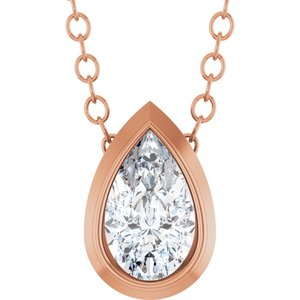 Pear-shaped lab-grown diamond pendant in a rose gold bezel setting on a delicate chain.