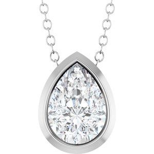 Pear-shaped brilliant cut diamond pendant in a white gold bezel setting on a fine chain.