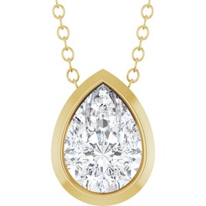 Pear-shaped lab-grown diamond pendant in a yellow gold bezel setting.
