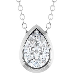 Pear-shaped lab-grown diamond pendant in a white gold bezel setting on a delicate chain.