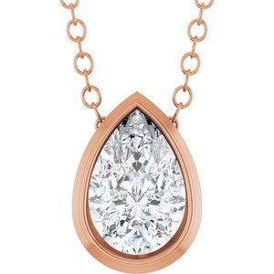 Pear-shaped lab-grown diamond pendant in a rose gold bezel setting on a delicate chain.