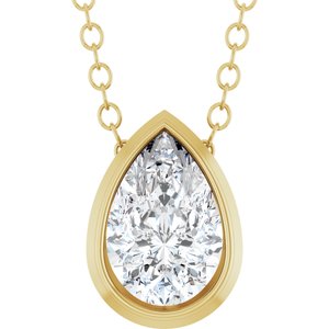 Pear-shaped lab-grown diamond pendant in a yellow gold bezel setting on a delicate chain.