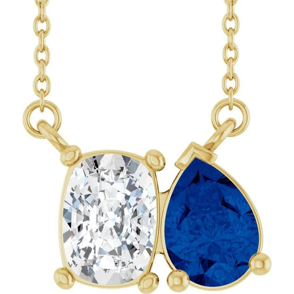 Elongated Cushion Diamond & Pear Blue Sapphire Necklace
