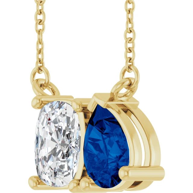 Elongated Cushion Diamond & Pear Blue Sapphire Necklace