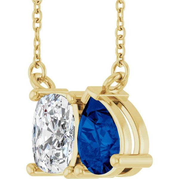 Elongated Cushion Diamond & Pear Blue Sapphire Necklace
