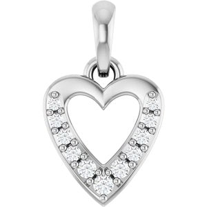 Silver heart-shaped pendant featuring sparkling inlaid diamonds.