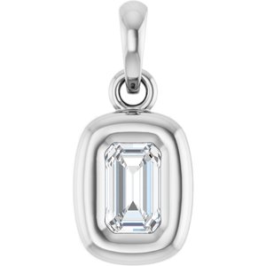 Emerald cut lab-grown diamond pendant in a white gold bezel setting.