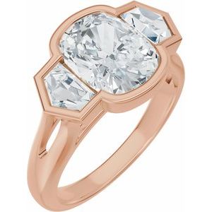 Rose gold ring featuring a large oval diamond center stone and side diamond accents