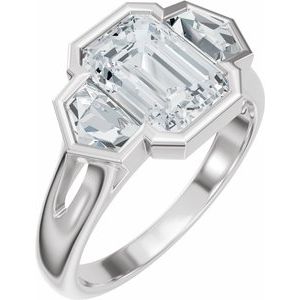 Three-stone emerald cut lab-grown diamond ring in polished white gold