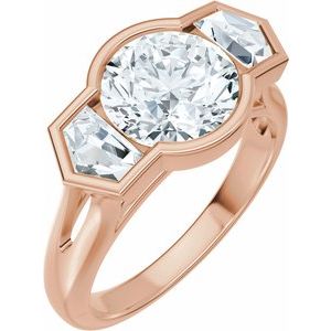 Three-stone lab-grown diamond ring in rose gold with a round center and pear side stones