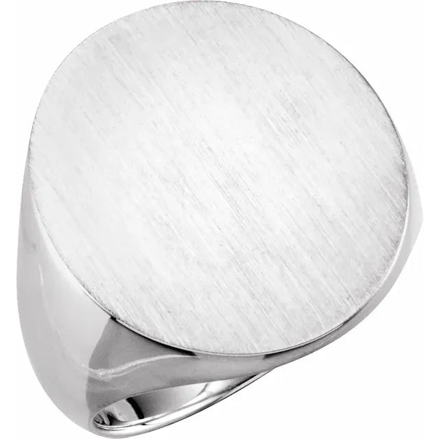 Brushed silver signet ring with a smooth circular face.