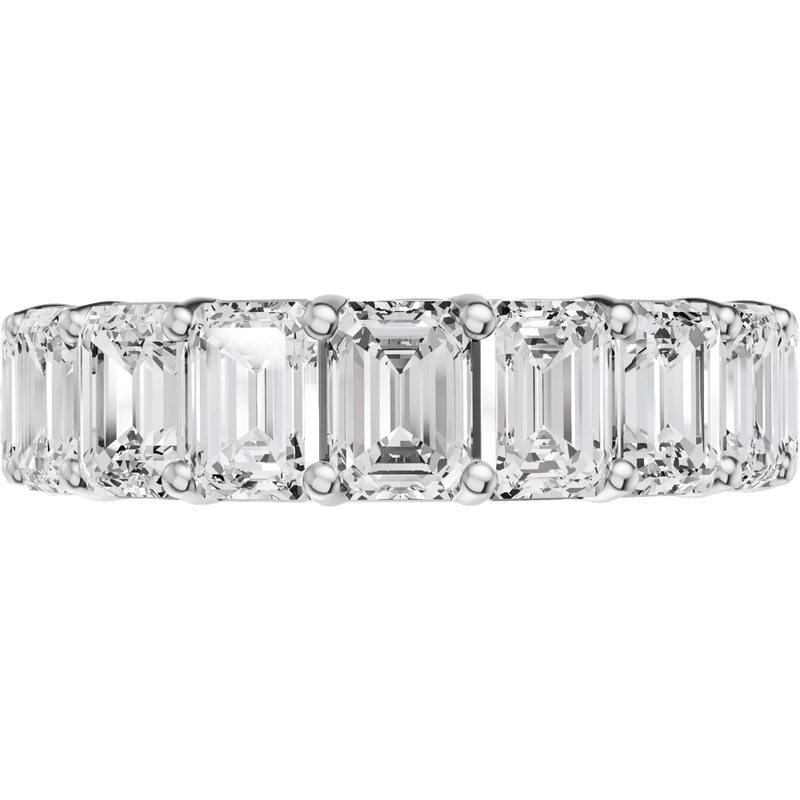 Emerald cut lab-grown diamond eternity band in recycled white gold.