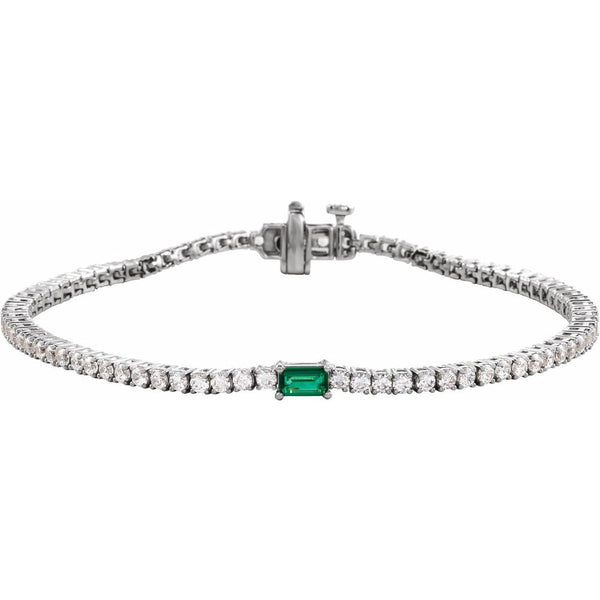 Beucher Paris emerald and diamond tennis bracelet with a central baguette emerald
