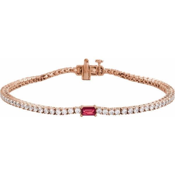 Beucher Paris Ruby and Diamond Tennis Bracelet in rose gold with a central baguette ruby.