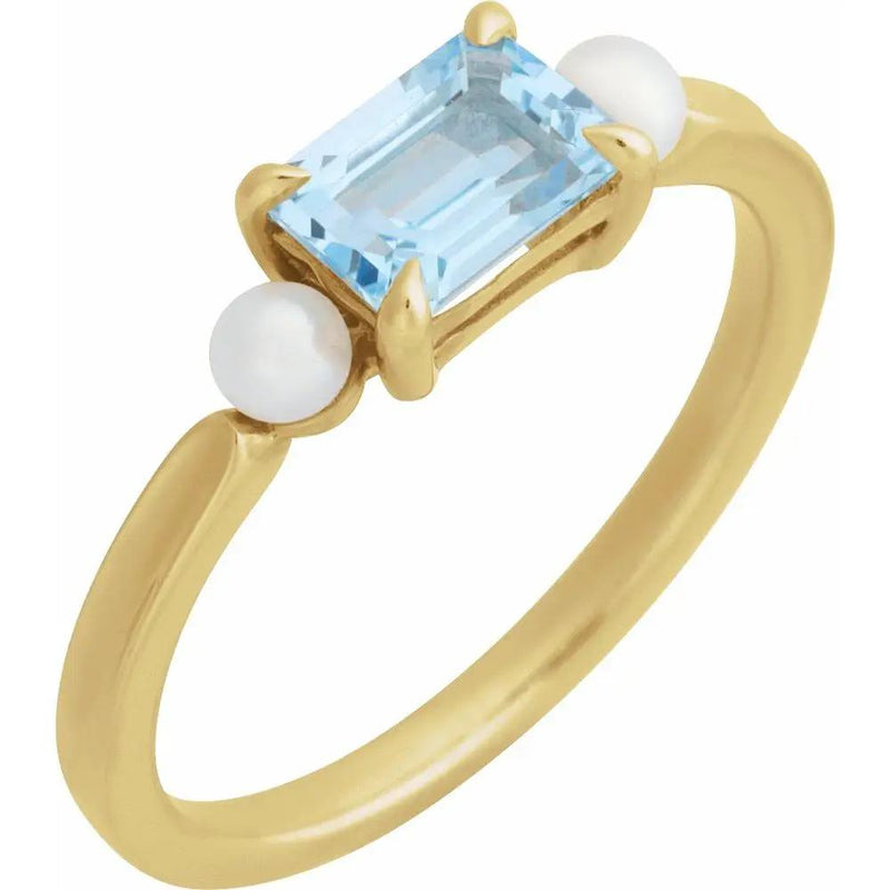 14K White Gold Natural Sky Blue Topaz & Cultured White Akoya Pearl Ring