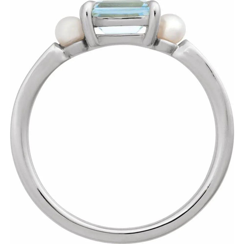 14K White Gold Natural Sky Blue Topaz & Cultured White Akoya Pearl Ring