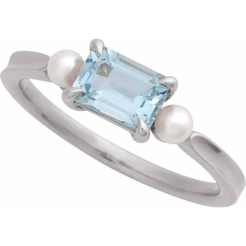 14K White Gold Natural Sky Blue Topaz & Cultured White Akoya Pearl Ring