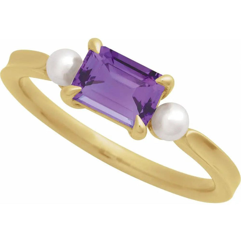 14K Yellow Gold Natural Amethyst & Cultured White Akoya Pearl Ring 474