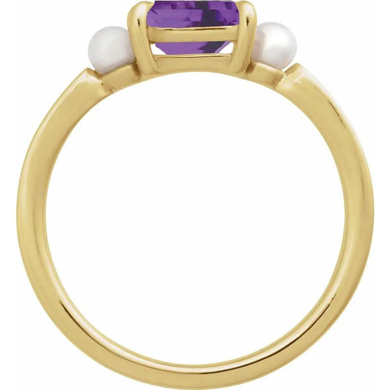 14K Yellow Gold Natural Amethyst & Cultured White Akoya Pearl Ring 474