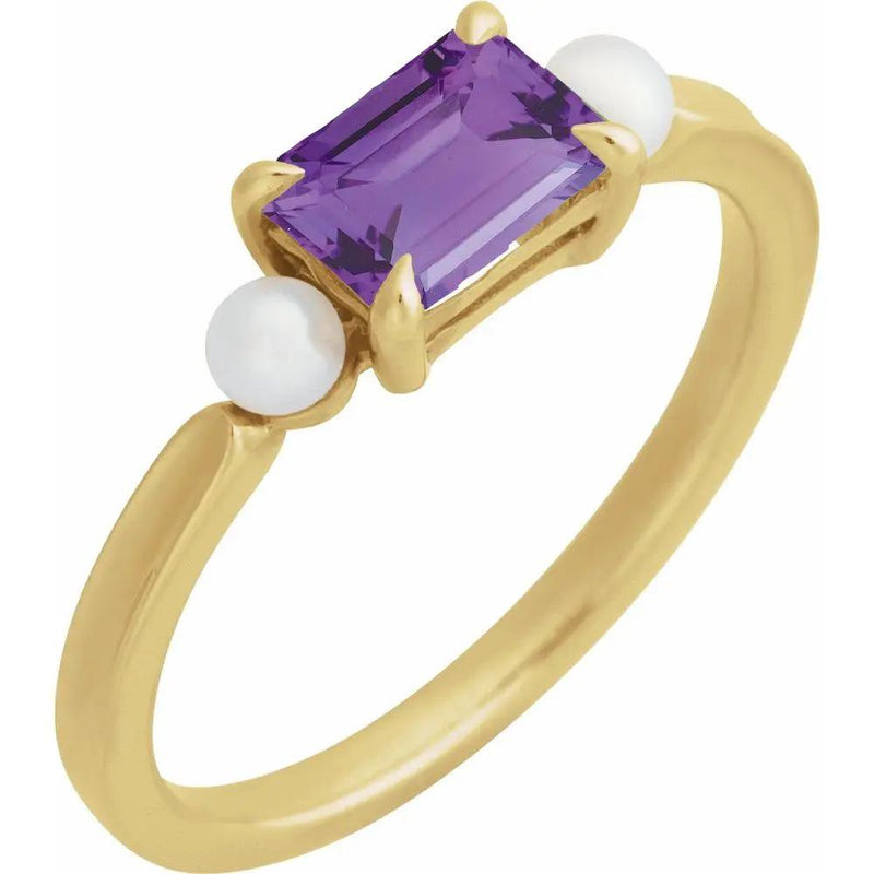 14K Yellow Gold Natural Amethyst & Cultured White Akoya Pearl Ring 474