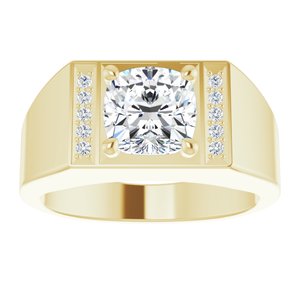 Yellow gold men's signet ring with a large center lab-grown diamond and side accents