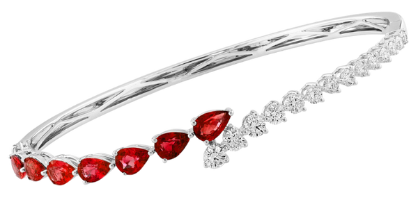Luxury white gold bangle bracelet with pear-shaped rubies and lab-grown diamonds