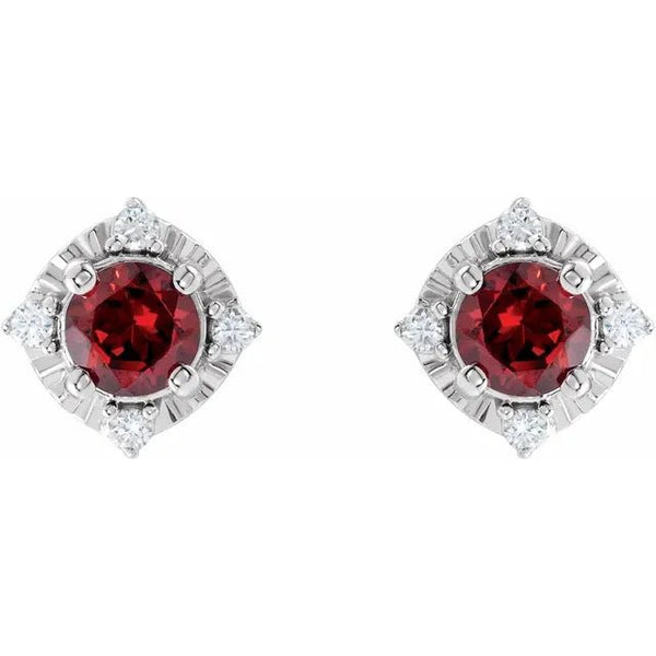 Natural Mozambique Garnet & Natural Diamond Halo-Style Birthstone Earrings