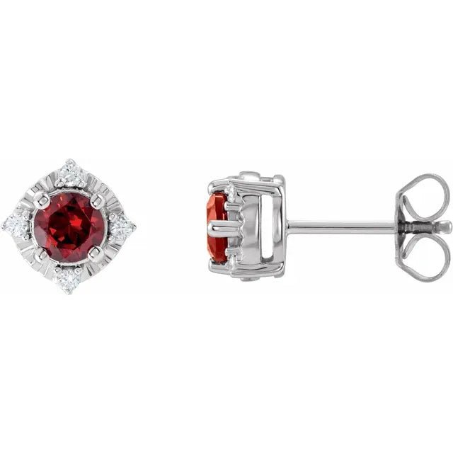 Natural Mozambique Garnet & Natural Diamond Halo-Style Birthstone Earrings