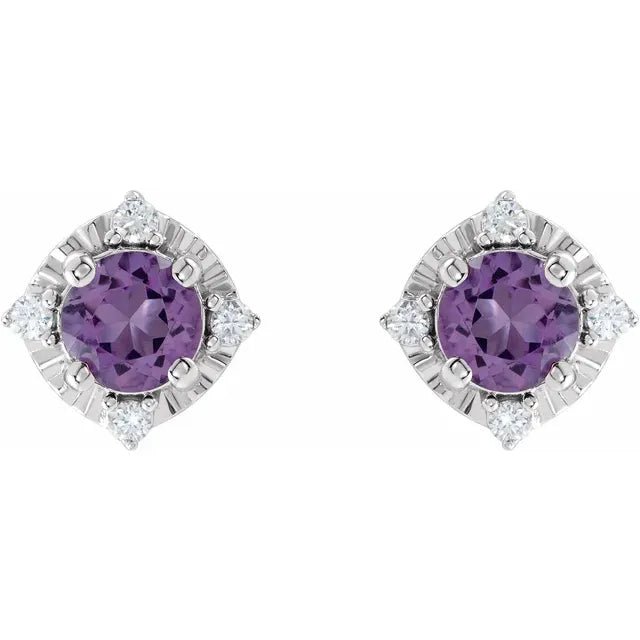 Natural Amethyst & Natural Diamond Halo-Style Birthstone Earrings