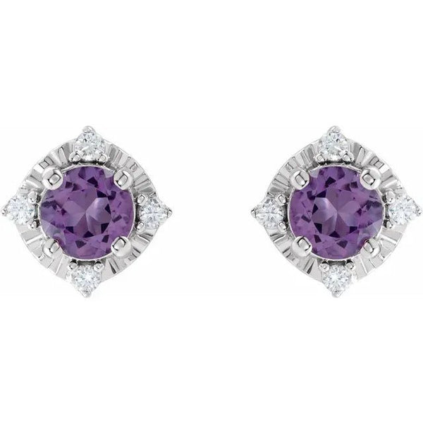 Natural Amethyst & Natural Diamond Halo-Style Birthstone Earrings