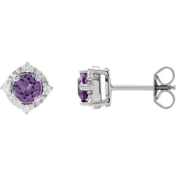 Natural Amethyst & Natural Diamond Halo-Style Birthstone Earrings