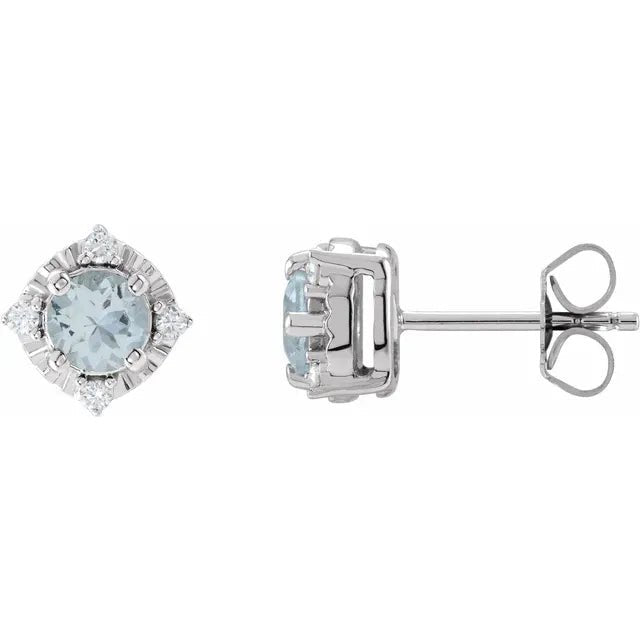 Natural Aquamarine & Natural Diamond Halo-Style Birthstone Earrings