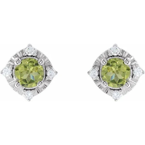 Natural Peridot & Natural Diamond Halo-Style Birthstone Earrings
