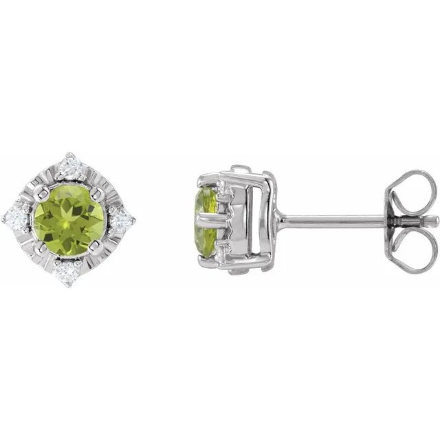 Natural Peridot & Natural Diamond Halo-Style Birthstone Earrings