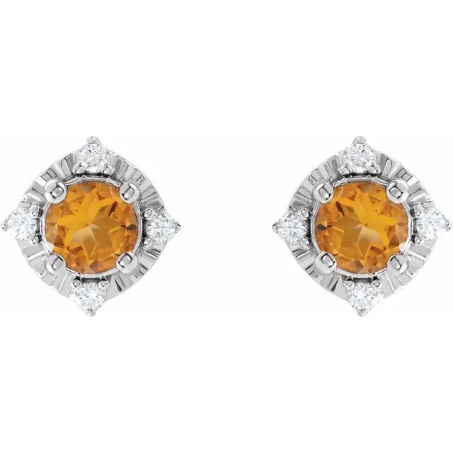 Natural Citrine & Natural Diamond Halo-Style Birthstone Earrings