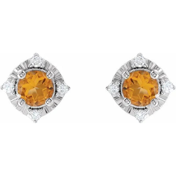 Natural Citrine & Natural Diamond Halo-Style Birthstone Earrings