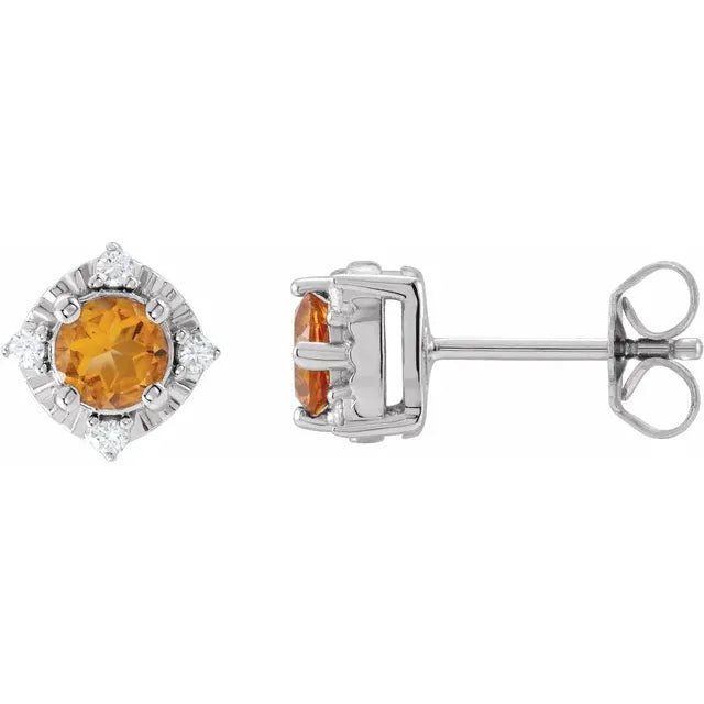 Natural Citrine & Natural Diamond Halo-Style Birthstone Earrings