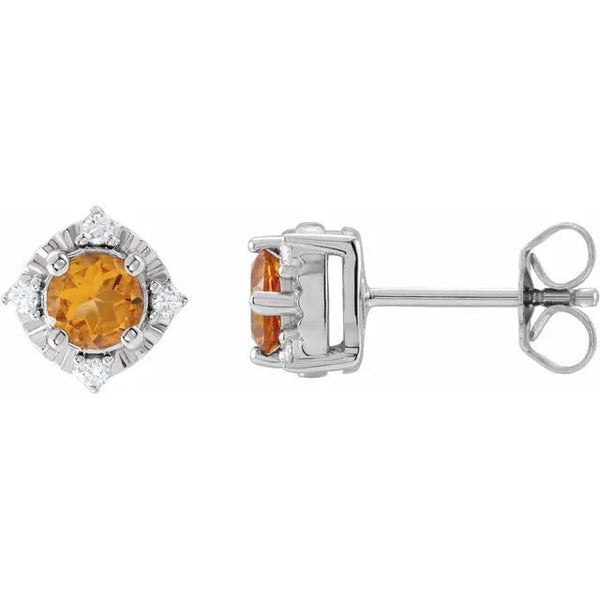 Natural Citrine & Natural Diamond Halo-Style Birthstone Earrings