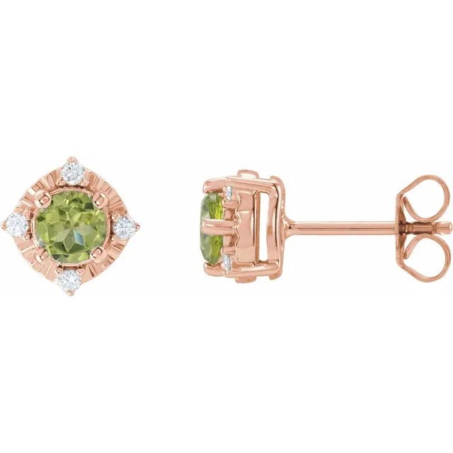 Natural Peridot & Natural Diamond Halo-Style Birthstone Earrings