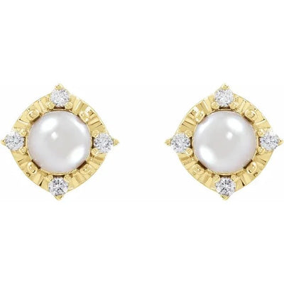 Cultured White Freshwater Pearl & Natural Diamond Halo-Style Birthstone Earrings