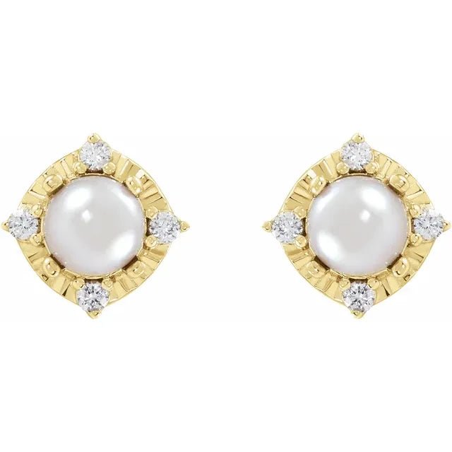 Cultured White Freshwater Pearl & Natural Diamond Halo-Style Birthstone Earrings