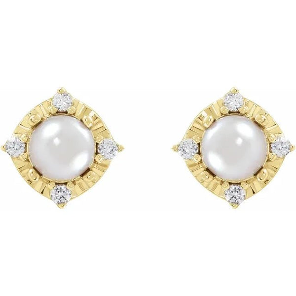 Cultured White Freshwater Pearl & Natural Diamond Halo-Style Birthstone Earrings