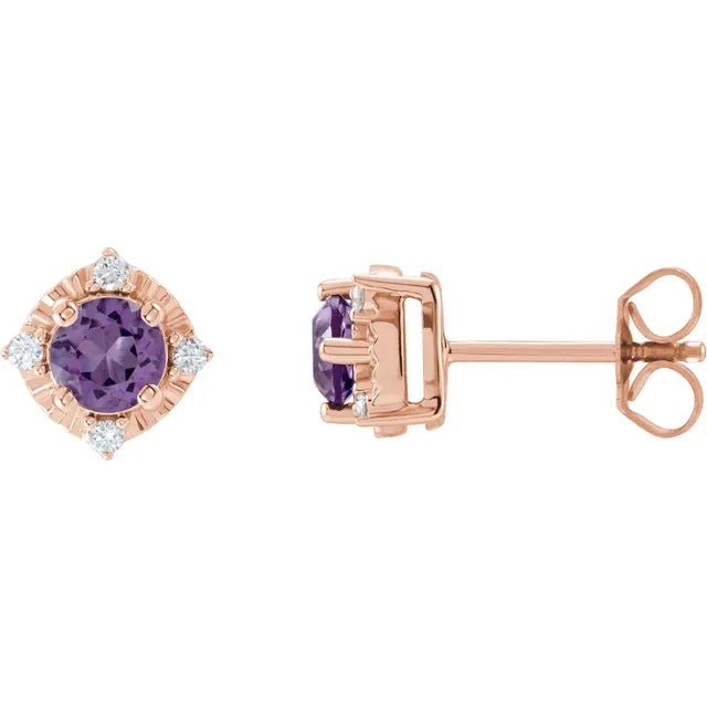 Natural Amethyst & Natural Diamond Halo-Style Birthstone Earrings