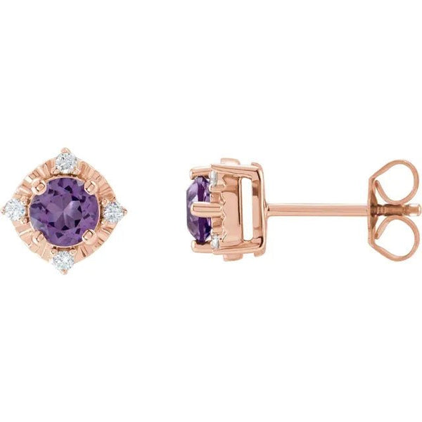 Natural Amethyst & Natural Diamond Halo-Style Birthstone Earrings
