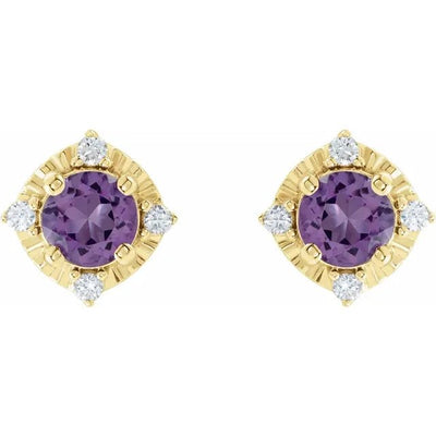 Natural Amethyst & Natural Diamond Halo-Style Birthstone Earrings